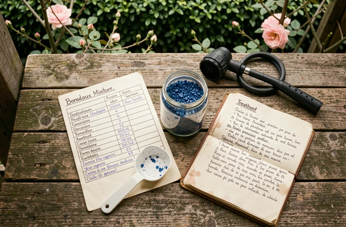 Tableau de dosage bouillie bordelaise avec cristaux de sulfate de cuivre et notes de traitement printanier