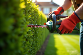 Jardinier taillant une haie verte en plein jour en extérieur