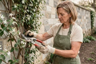 Jardinière taillant un jasmin étoilé sur un mur en pierre après l'hiver pour stimuler sa repousse