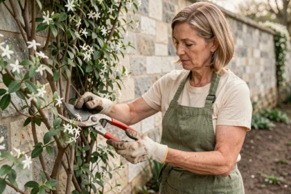 Jardinière taillant un jasmin étoilé sur un mur en pierre après l'hiver pour stimuler sa repousse