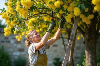 Femme taillant un mimosa trop haut dans un jardin français avec un ébrancheur, échelle en bois et mur en pierre en arrière-plan