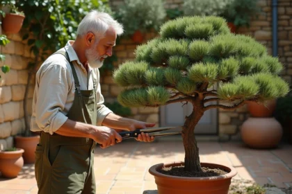 Jardinier expérimenté taillant un olivier en nuage dans une cour méditerranéenne, technique de taille japonaise en plateaux