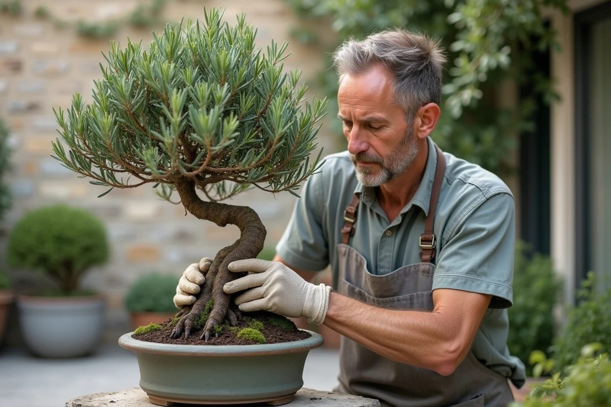 Jardinière taillant un olivier en nuage sur une terrasse en béton avec des herbes méditerranéennes en pot