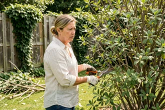 Femme taillant un grand seringat envahi dans un jardin de banlieue, illustrant une taille sévère à éviter
