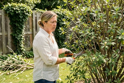 Femme taillant un grand seringat envahi dans un jardin de banlieue, illustrant une taille sévère à éviter