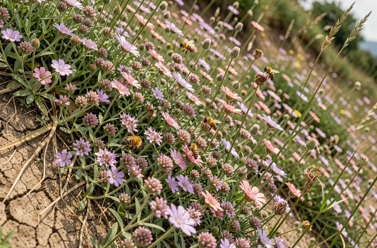 Talus fleuri de plantes mellifères locales comme le thym sauvage et la scabieuse avec des abeilles en train de butiner