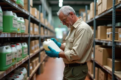 Technicien agricole lisant l'étiquette d'un bidon de glyphosate 360 dans un magasin agricole au Portugal