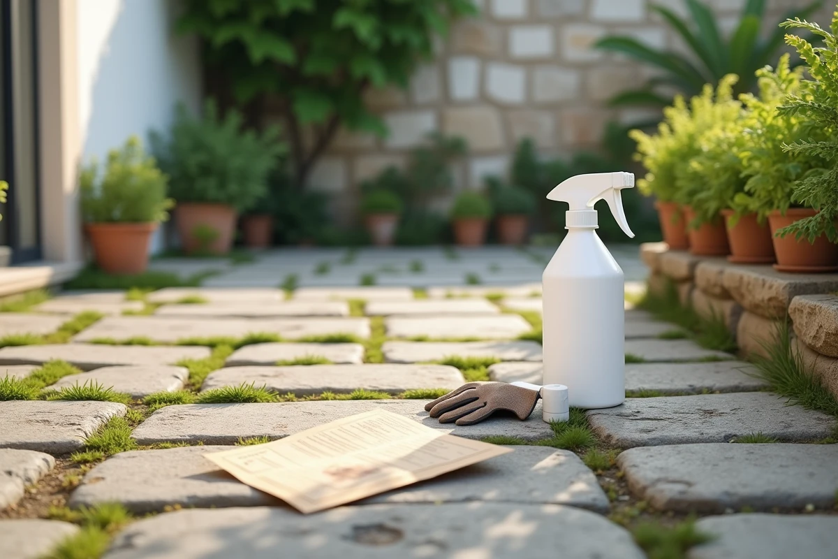 Terrasse en pierre avec mauvaises herbes entre les joints et flacon de glyphosate d'un litre posé au sol avec gants de jardinage