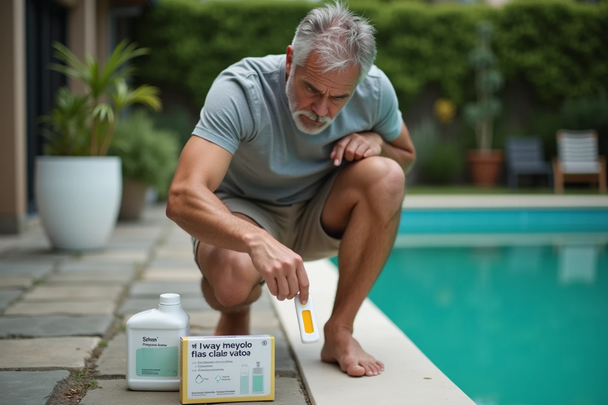 Propriétaire testant la qualité de l'eau verte de sa piscine avec des bandelettes de test avant un traitement séquencé