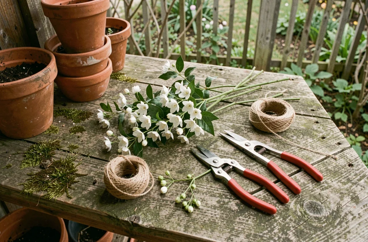 Tiges de jasmin étoilé fraîchement taillées posées sur un établi de jardin avec des sécateurs au printemps