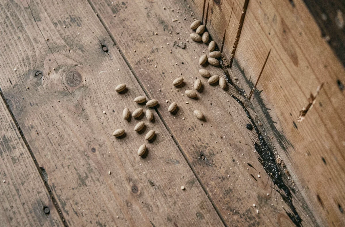 Crottes de loir et traces de frottement sur le plancher d'un grenier en bois ancien