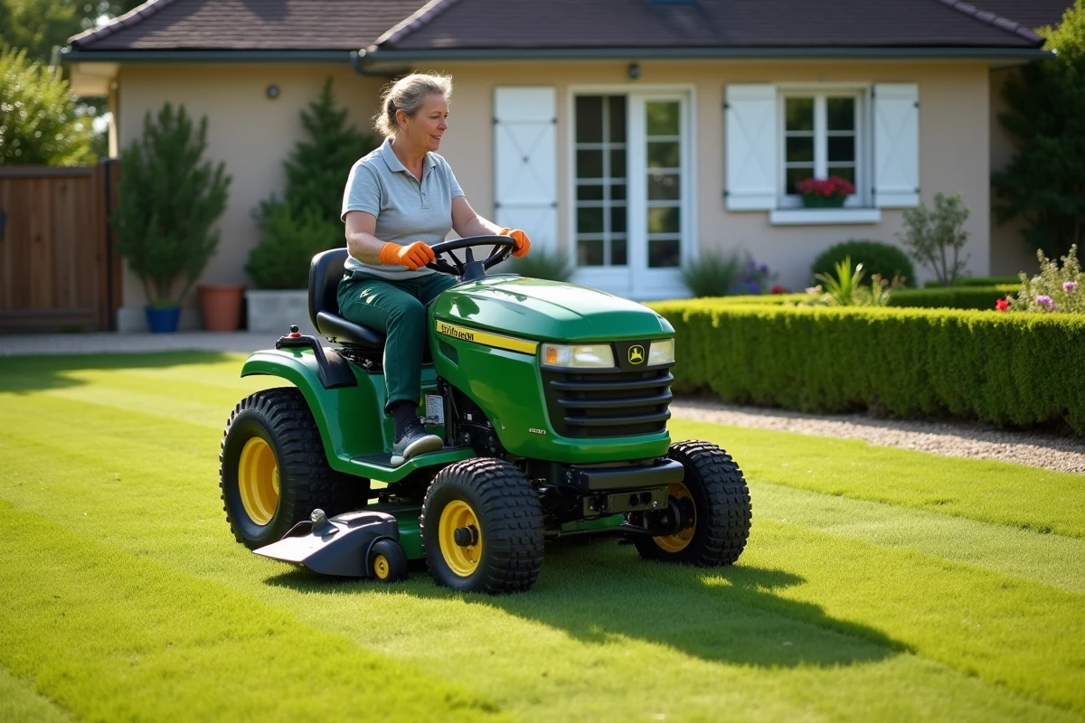 Femme conduisant un tracteur tondeuse sur une pelouse soignée dans un jardin pavillonnaire français