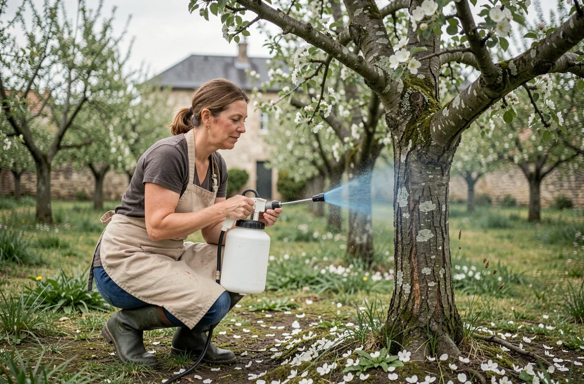 Femme appliquant la bouillie bordelaise au pulvérisateur sur un pommier en fleurs au printemps