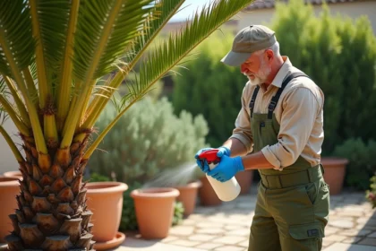 Jardinier appliquant un traitement chimique insecticide au pied d'un palmier méditerranéen dans un jardin privé