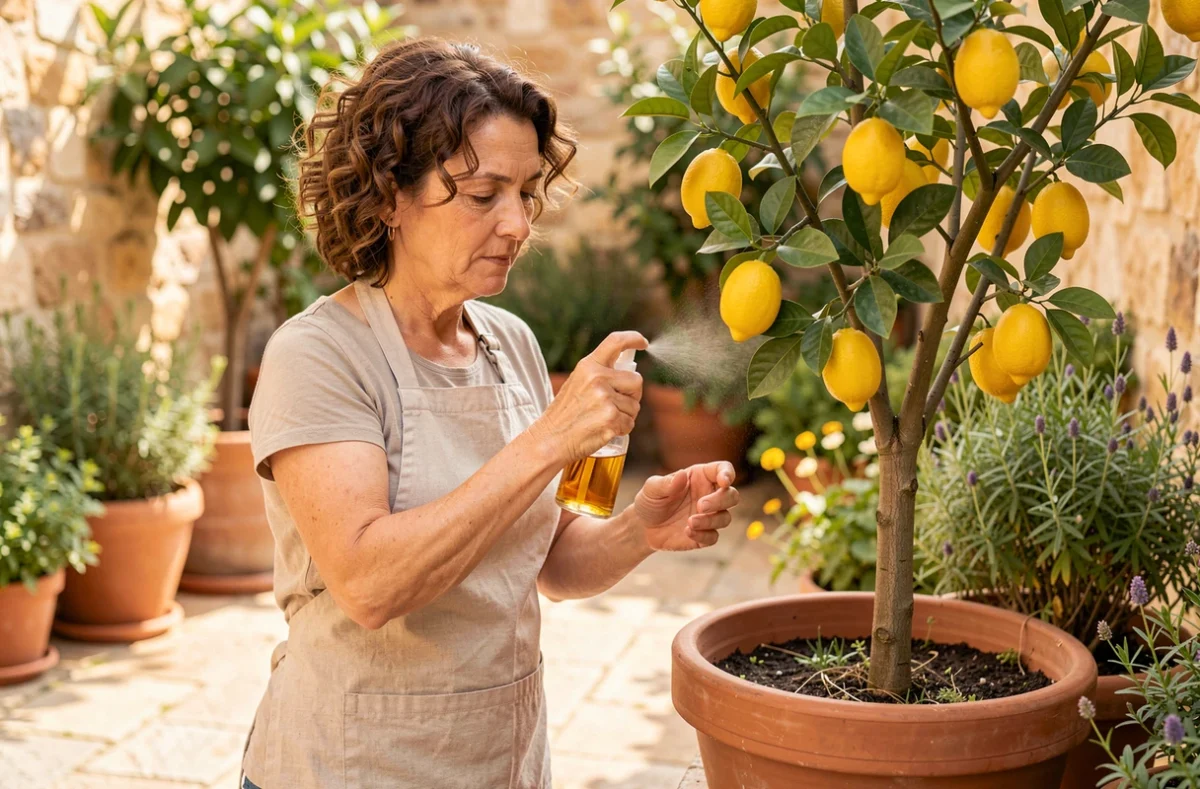 Femme appliquant un traitement naturel au spray sur un citronnier en pot sur une terrasse