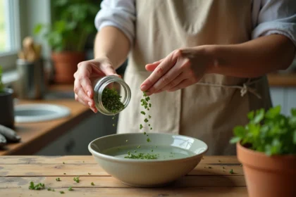 Femme trempant des graines de persil dans un bol d'eau sur un plan de travail en bois, préparation avant semis