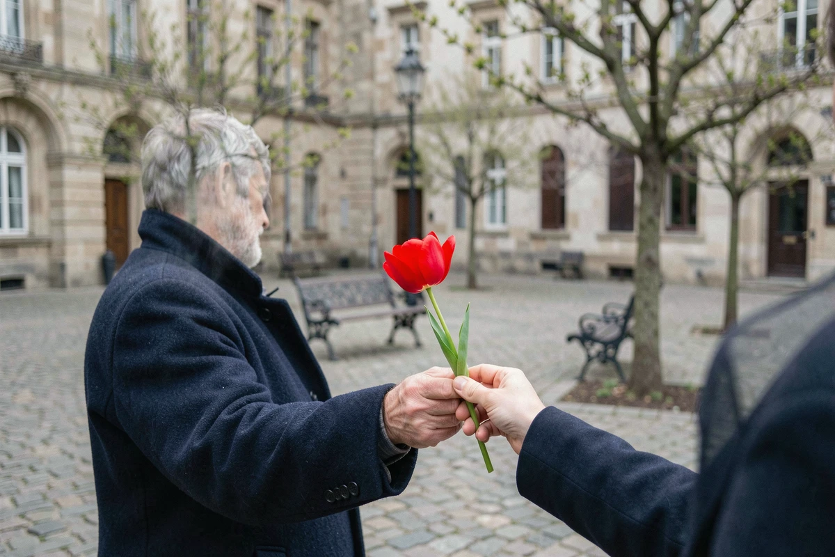 Homme offrant une tulipe rouge dans une place pavée en ville, symbolisant l'amour romantique