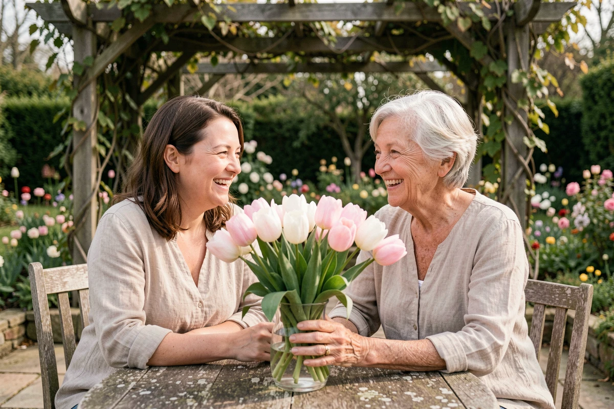 Mère et fille souriantes autour d'un vase de tulipes roses et blanches dans un jardin fleuri