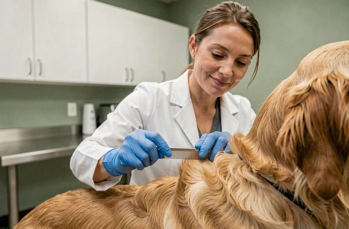 Vétérinaire examinant la fourrure d'un chien golden retriever avec un peigne anti-puces dans une clinique vétérinaire moderne