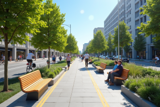 Rue urbaine moderne avec trottoirs larges et pistes cyclables