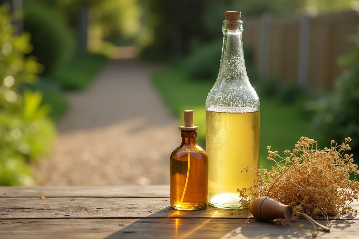 Bouteille de vinaigre blanc et pulvérisateur posés sur une table en bois avec des mauvaises herbes arrachées d'une allée de graviers