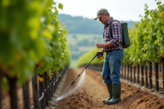 Homme fermier en jeans et chemise à carreaux pulvérise des vignes