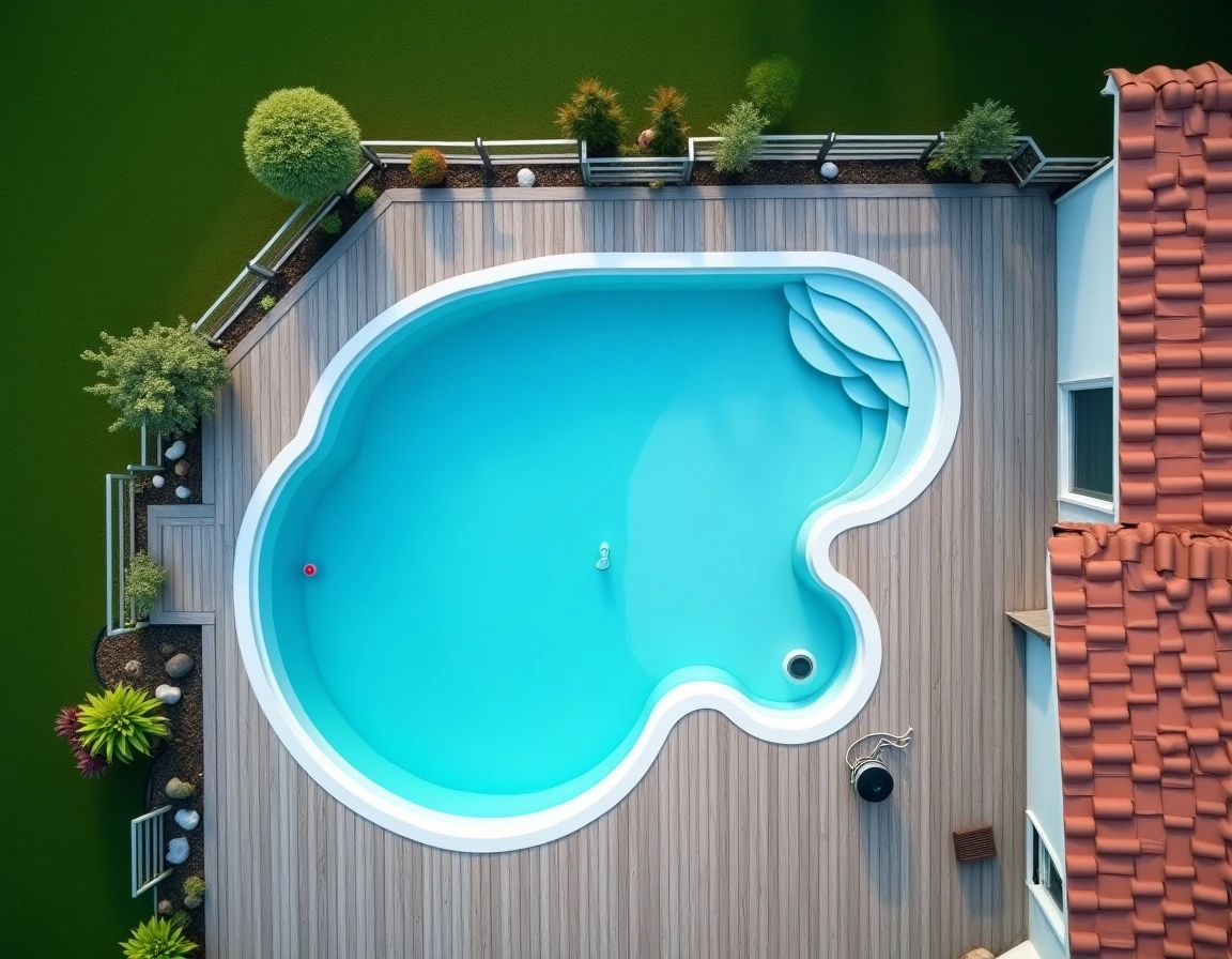 Vue aérienne d'une piscine coque installée près d'une maison avec barrière de sécurité et terrasse en bois dans un jardin résidentiel